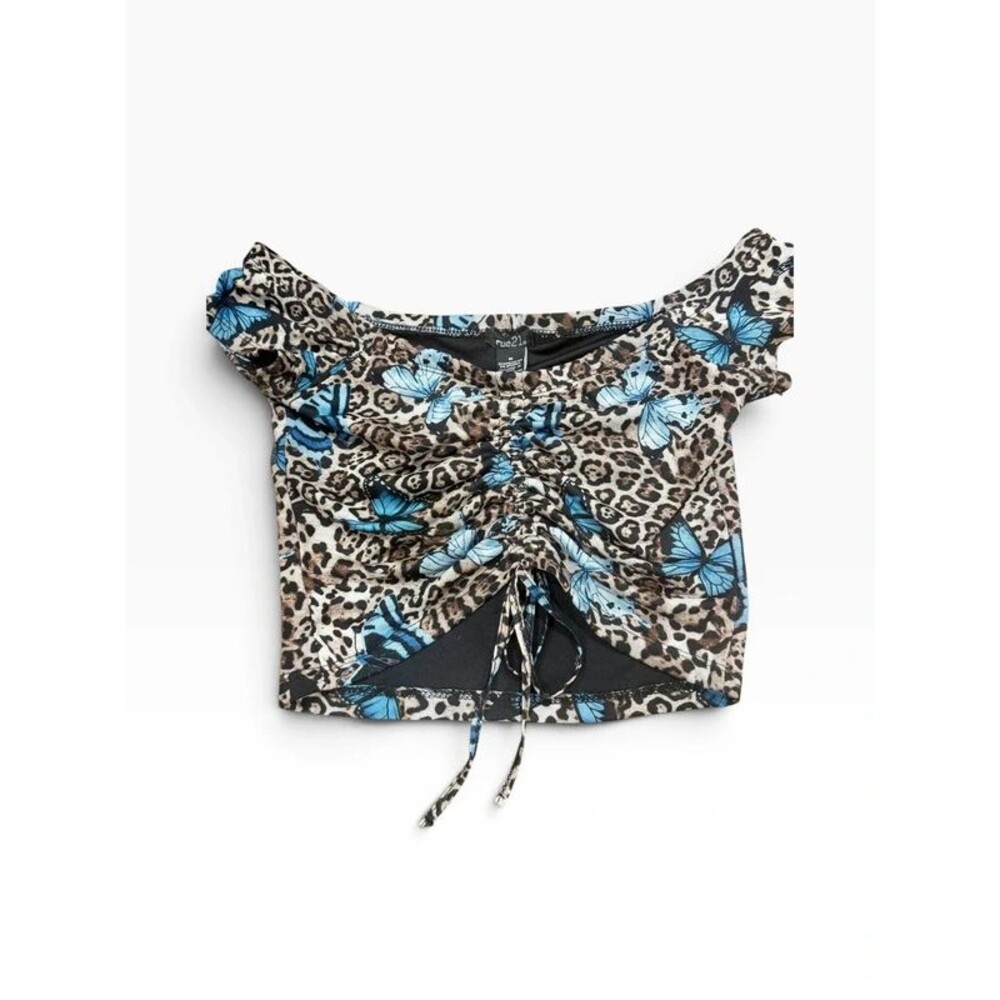 Vintage Rue 21 Sinched Cropped Top Off Shoulder Animal Print Butterfly Medium